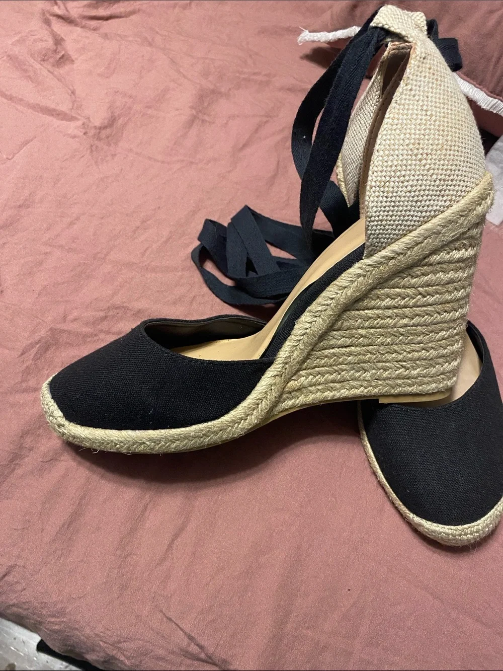 JustFab Black Espadrille Wedge Sandals with Ankle Wrap